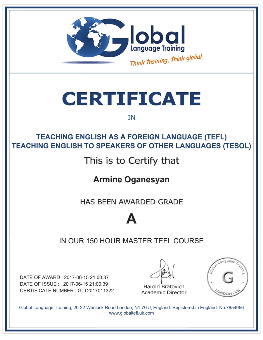 Global Language Training TEFL/TESOL certificate